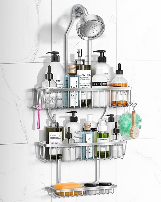 Shower Caddy Hanging - Never Rust Shower Hanging Organizer - Aluminum Over the ShowerHead Caddy with 6 Hooks for Razor/Sponge (Silver)