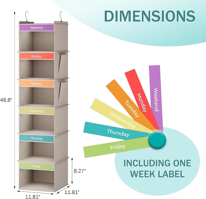 YOUDENOVA Weekly Clothes Organizer for Kids, Hanging Closet Organizer, Grey | Days of the Week Clothes Organizer, Reinforced Bamboo Slats, Kids' School Outfit Planning, Breathable Fabric, 2 Side Pockets