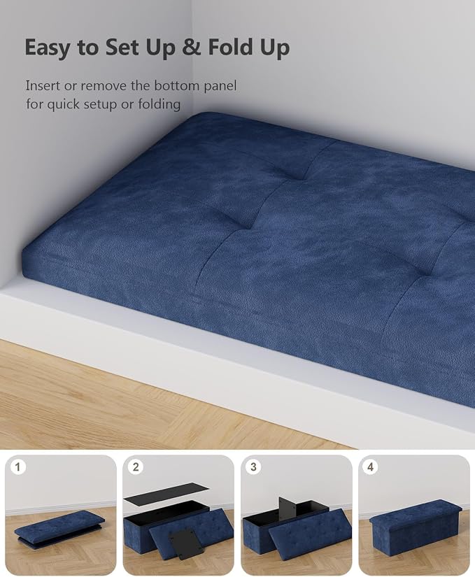 Folding Storage Ottoman Bench, Navy Blue, 43 Inches | Multi-Functional Ottoman Foot Rest, End of Bed Bench, Storage Chest, Living Room, Bedroom, Hallway, Entryway, 600 lb Capacity
