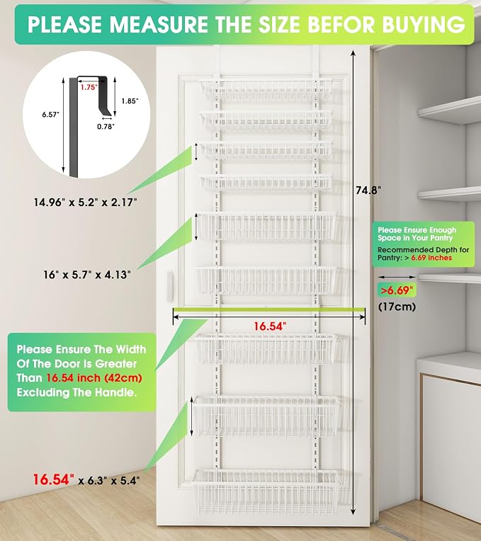 Mefirt White 9-Tier Over The Door Pantry Organizer, Pantry Organization | Pantry Hanging Organizers and Storage, Adjustable Heavy-Duty Metal for Home & Kitchen, Back of Door Seasoning Rack
