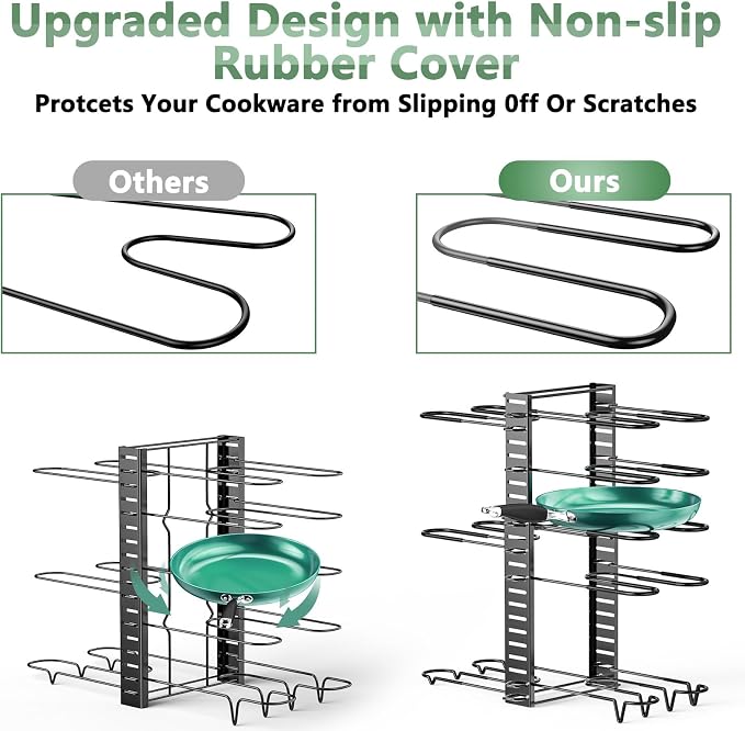 Pots and Pans Organizer Under Cabinet Expandable, 8-Tier Adjustable | Expandable 11.7–19", 3 DIY Modes, Tool-Free Assembly, Non-Slip, Fits Pots 6–11", For Kitchen Cabinets, Shelves & Countertops