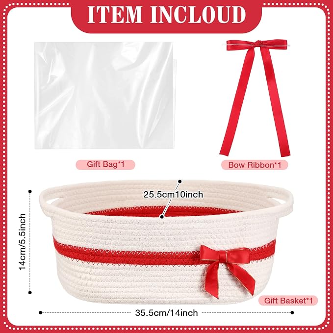 Colingmill 1 Set Woven Empty Basket for Gift,White Red | with Cellophane Wrap Set, 14 x 10 x 5.5 Inch, Medium Decorative Gift Basket, Cotton Rope Storage Box, Home Decor