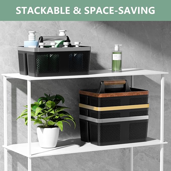 BYUNER 2Pack Shower Caddy Dorm: Portable Bathroom Caddy Organizer with Handle, Plastic Hard Shower Basket Storage Tote for Toiletry, Drainage, College Dorm Room Essentials, Black