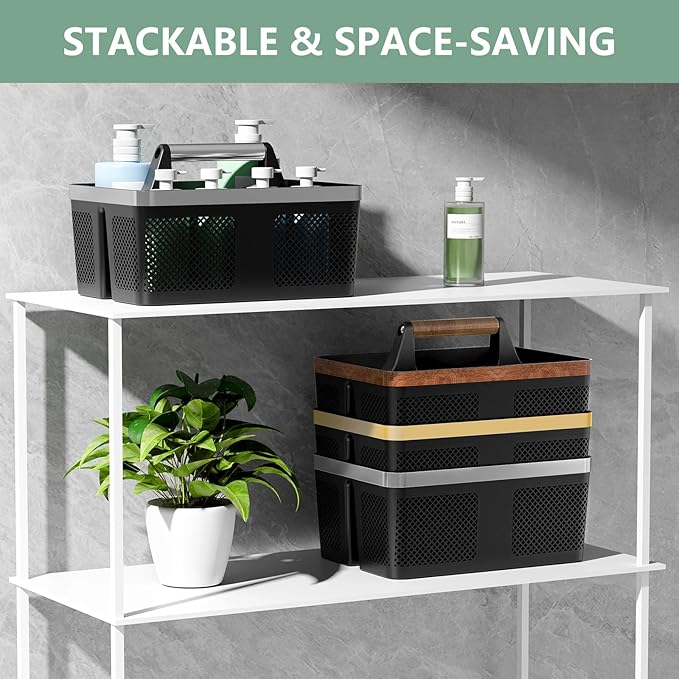 BYUNER Black Shower Caddy Portable: Plastic Bathroom Caddy Organizer with Handle and Holes, Cleaning Caddy, Hard Shower Basket Storage Tote for Toiletry, College Dorm Room Essentials for Men