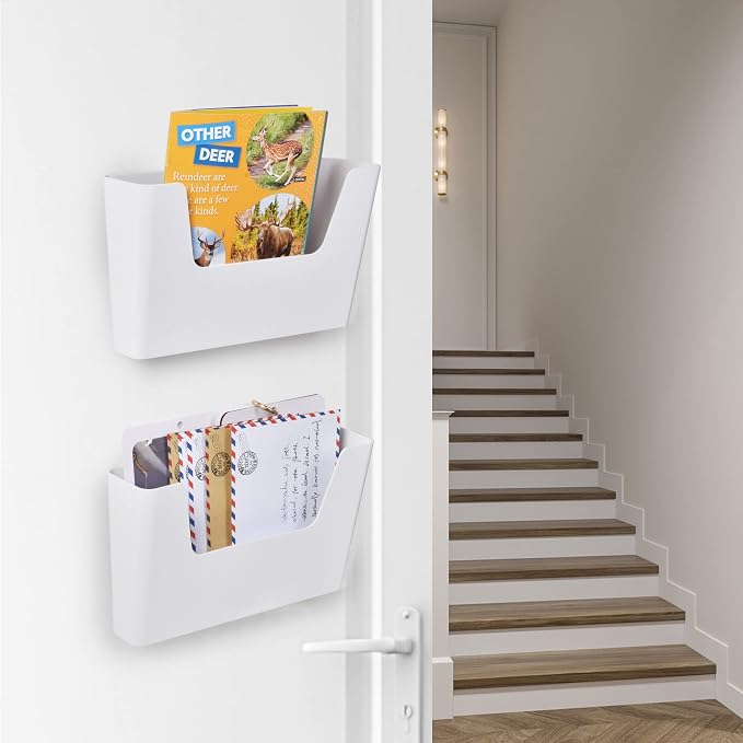 YOHOM Adhesive File Holder Plastic Document Folder Door No Drilling Mount Mail Magazine Organizer A4 Filing Envelopes Folder, Office Wall Mount Single Pocket (WHITE, 2 PCS)