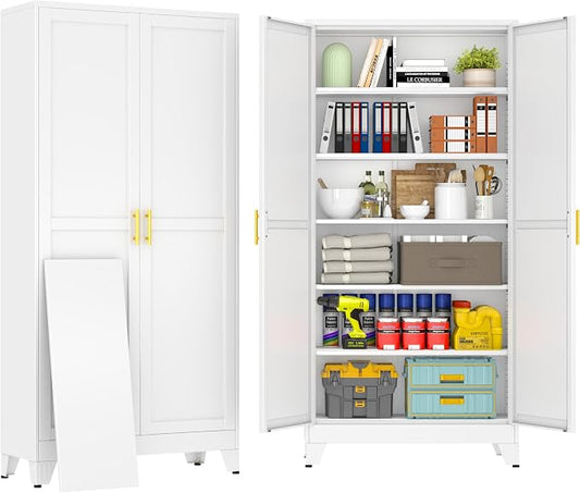 75" White Tall Metal Storage Cabinet with 2 Doors and 5 Adjustable Shelves,Steel Garage Tool Cabinet, File Cabinet,Kitchen Pantry Cabinet for Home,Office,Garage,School,Warehouse