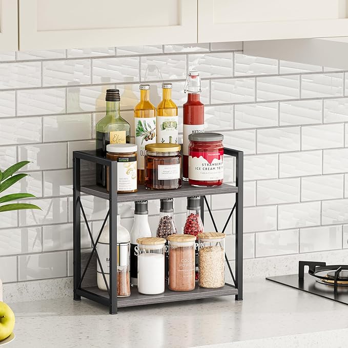 Giikin Countertop Shelf Organizer, 2 Tier Coffee Organizer for Desktop, Grey Counter Shelf Spice Rack for Kitchen (Grey, M)