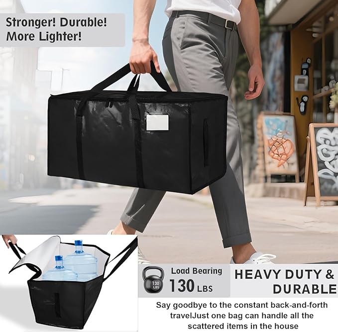 16 Pack-Extra Large Heavy Duty Moving Bags - Waterproof Storage Totes with Handles & Zippers, Foldable for College Dorm, Storage (Black)