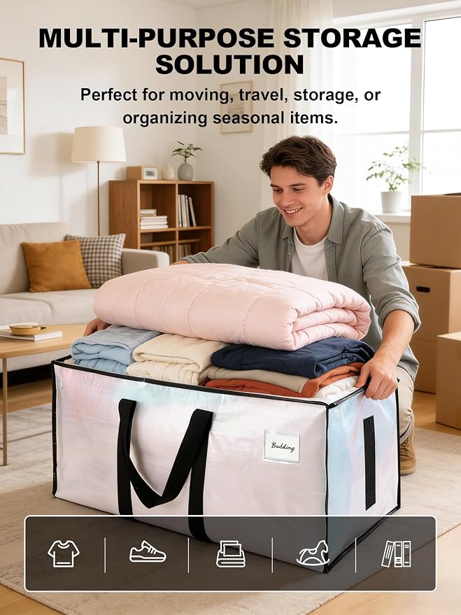 HOMESURE Supports 200lbs Heavy Duty Moving Bags - Strong Zipper & Wrap-Around Handles - Water-Resistant Storage Totes, Durable Alternative to Moving Boxes - 40 Pack - Semi-Transparent