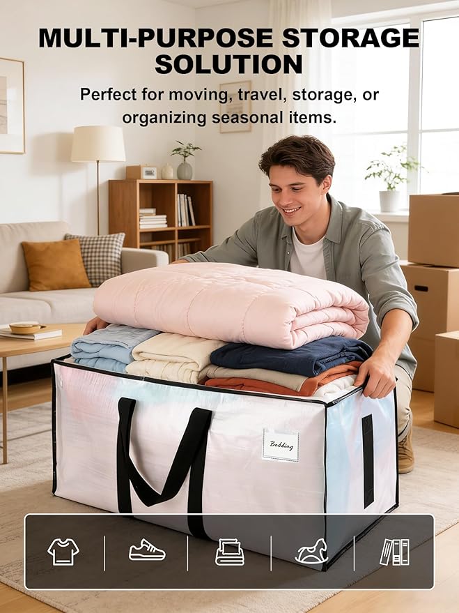 HOMESURE Supports 200lbs Heavy Duty Moving Bags - Strong Zipper & Wrap-Around Handles - Water-Resistant Storage Totes, Durable Alternative to Moving Boxes - 4 Pack - Semi-Transparent
