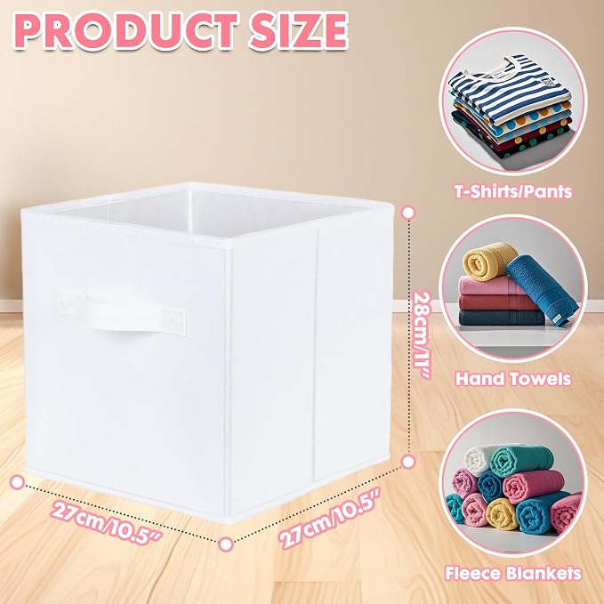 PowerKing Collapsible Storage Cubes, Farbic Storage Bins, White, 2 Pack | Sturdy, Lightweight, Easy Pull Handle, Closet & Shelf Organizer, Clothes and Toys Storage, 10.5'' x 11'' x 10.5''