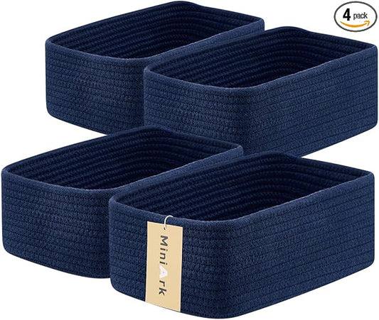 MiniArk Small Storage Baskets for Organizing | Closet Organizer Bins | Shelf Toy Basket | Woven Rope Baskets | Cube Decorative Box | Shallow Basket | 11.5x7.5x4.7” | 4 Packs Navy Blue