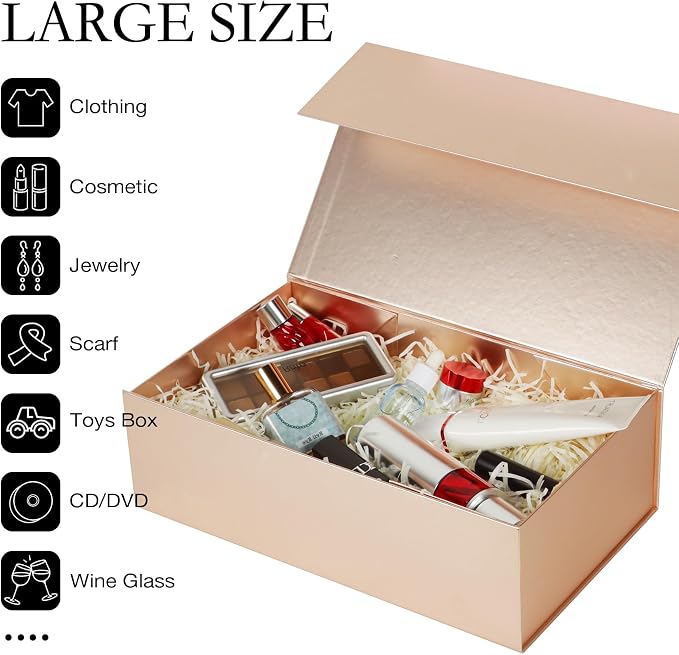 LFBOX Rose Gold Christmas Gift Box with Magnetic Lid 1 Pack | Large Bridesmaid Groomsman Proposal Boxes,13.8x8.3x4.4 in, Collapsible Rectangle Storage Box