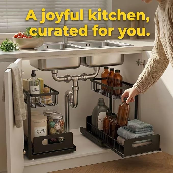 Under Sink Organizer, 2-Tier Pull-Out Metal Drawer, 2 Pack | Black metal 2-pack with lower pull-out drawers and fixed upper baskets for kitchen, bathroom and cabinet storage