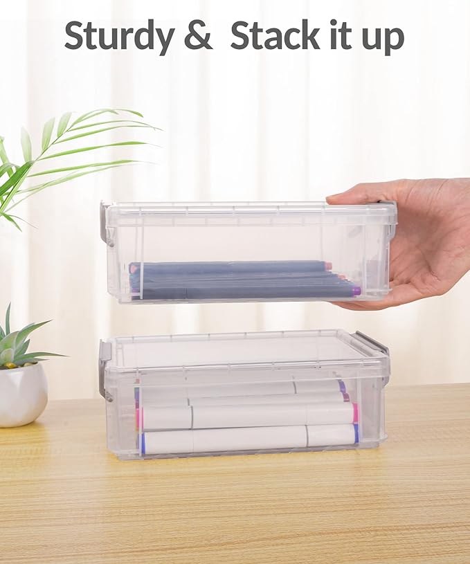 Sooez 6 Pack Extra Large Pencil Box, Plastic Pencil Case Crayon Box | Clear Marker Organizer Plastic Containers with Lid, Stackable Storage Boxes for Art Craft,Back to School Supplies, Grey