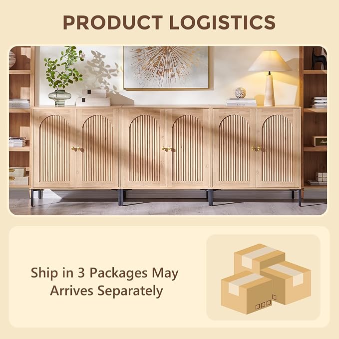 IFGET 92.63" W Modern Arched Sideboard Buffet Cabinet with Storage, Natural | Fluted Arch Sideboard Cabinet w/Adjustable Shelves, Wooden Modular Kitchen Cabinet for Dining& Living Room, Entryway
