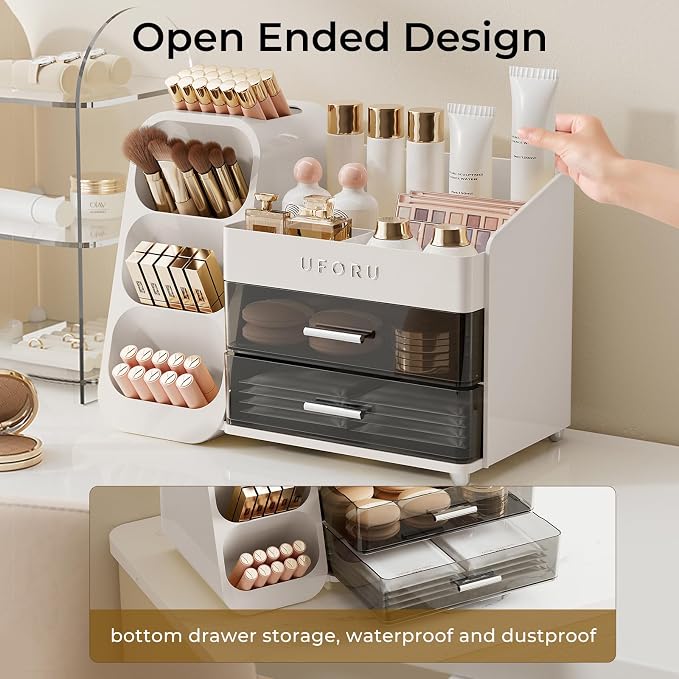 UFORU Makeup Organizer Countertop with Brush Holder for Vanity Bathroom | Large Capacity, Thickened Plastic, 2 Clear Drawers, Compact Size, Detachable Brush Holder, Divided Compartments, Easy Access