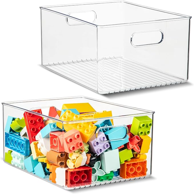 Plastic Food Storage 2 Pack Clear Container Bin with Handles for Organizing Kitchen, Pantry, Refrigerator, Freezer, Pantry, Cabinet, Closet, Bathroom 10”x8”x5”