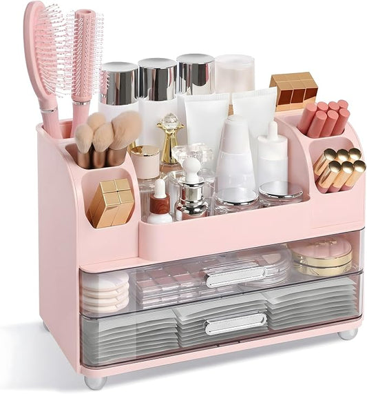 Makeup Organizer for Vanity with 2 Large Drawers and 6 Brush Holders, Pink | Large-Capacity Makeup Holder Keeps Skincare and Cosmetics Organized and Easy to Reach on Vanity or Bathroom Counters