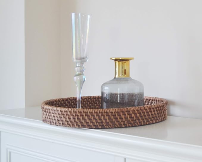 Round Rattan Woven Serving Tray with Handles Ottoman Tray for Breakfast, Drinks, Snacks for Coffee Table, Home Decorative (Honey Brown, 13.8"x2")