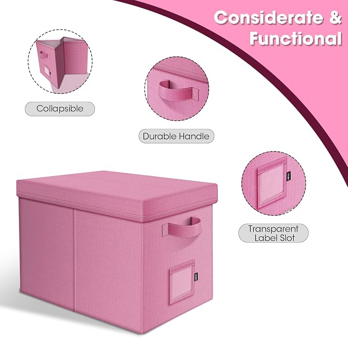 File Organizer Box with Lid, Linen Hanging File Storage Box with Handle, Collapsible Document Filling Box for Letter/Legal Folder, Portable File Box for Office/Decor/Home (1 Pack, Pink)