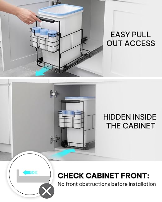 Bulado Pull Out Trash Can Under Cabinet with Removable Trash Bag Holder | Space-Saving Under Sink Trash Can Pull Out, Fits 30–40 Qt Bins, Supports 125 lbs, Soft-Close Slide, Bin Not Included