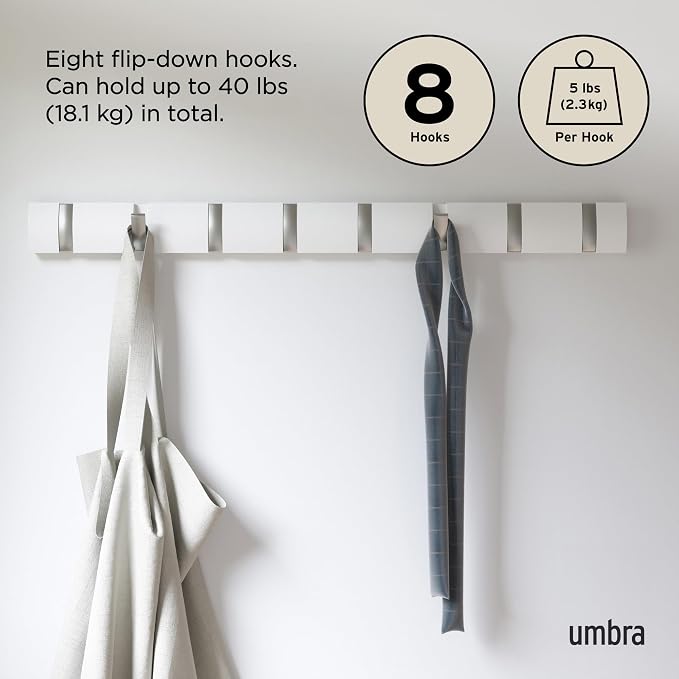 Umbra Flip Coat Rack, Wall Mount 8-Hook, Space Saving, White | Real wood and steel build, retractable hooks fold flat, holds coats bags and scarves, easy install