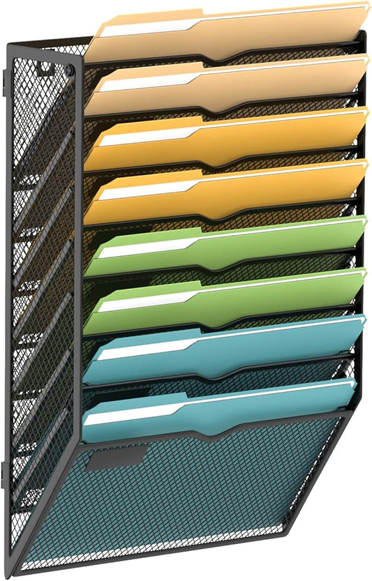 SUPEASY 8 Tier Wall File Organizer, Hanging Wall Mounted Mail Organizer with Label Slots, Metal Mesh File Holder Magazine Rack for Office, Home, School or Classroom, Black
