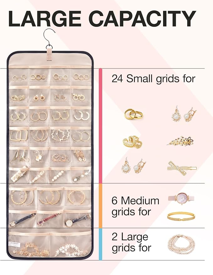 BAGSMART Hanging Jewelry Organizer Necklace/Earring/Ring 2-Sided L Black | Jewelry Holder Organizer Storage with Hanger Metal Hooks Double-Sided Jewelry Holder on Closet, Wall, Door