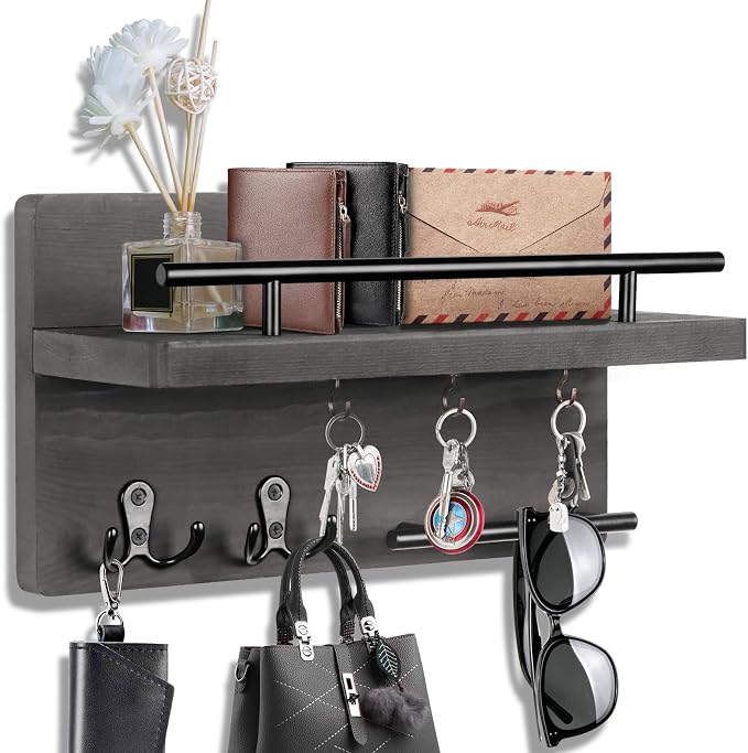 Wooden Key Holder Wall Mount With 5 Hooks For Entryway, Mudroom, Hallway | 2-Tier Design, Supports Up To 20 Lbs, Key Holder with Sturdy Black Metal Rail for Mail Plant Wallet Coat, Homeowners Renters