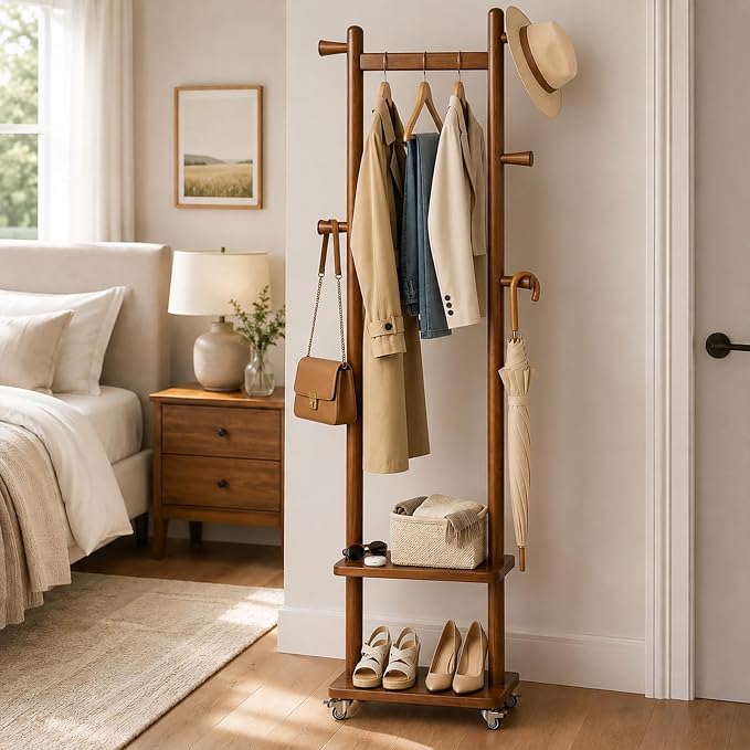Taitiy Solid Wood Coat Rack Small Freestanding with Wheels 2 Shelves | Small spaces, solid rubberwood construction, 2 shelves and 5 hooks, ideal for bedrooms, entryways, apartments and homes
