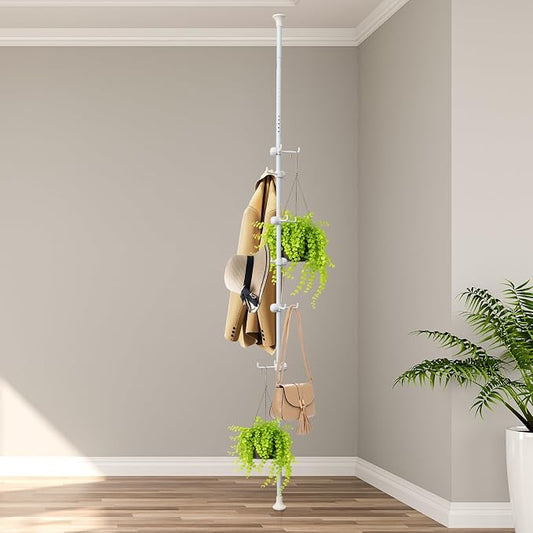 Corner Coat Rack - 12 Hook Tension Rod Plant Stand Stainless Steel Organizer for Coats, Towels, Plants & More, No Drilling, Height Adjustable, White