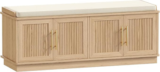 Akxomel 47.2" Fluted Shoe Storage Bench 4 Doors Wooden Entryway Bench Oak | 2 Tier Shoe Bench with Padded Cushion, Adjustable Shelves and 4 Doors, Curved Profile, for Hallway, Living Room, Bedroom