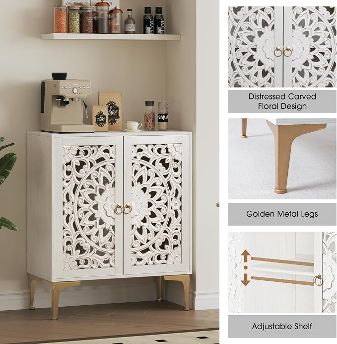 JOINICE 31.5" White Accent Cabinet with Carved Doors & Storage, Gold Legs | Carved Floral Design, Boho/Farmhouse/Rustic Style, Versatile Storage for Living Room & Bedroom & Hallway, Adjustable Shelf