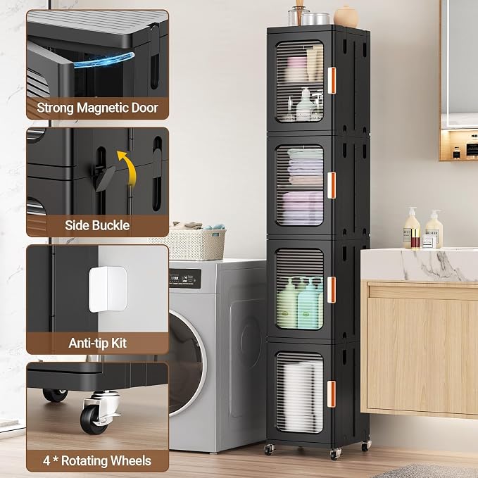 BROVIEW 6-Tier Tall Narrow Storage Cabinet Organizer, Slim Bathroom Cabinets with Adjustable Shelves and Doors, Plastic Kitchen Pantry Organizers and Storages for Small Space, Laundry, Black