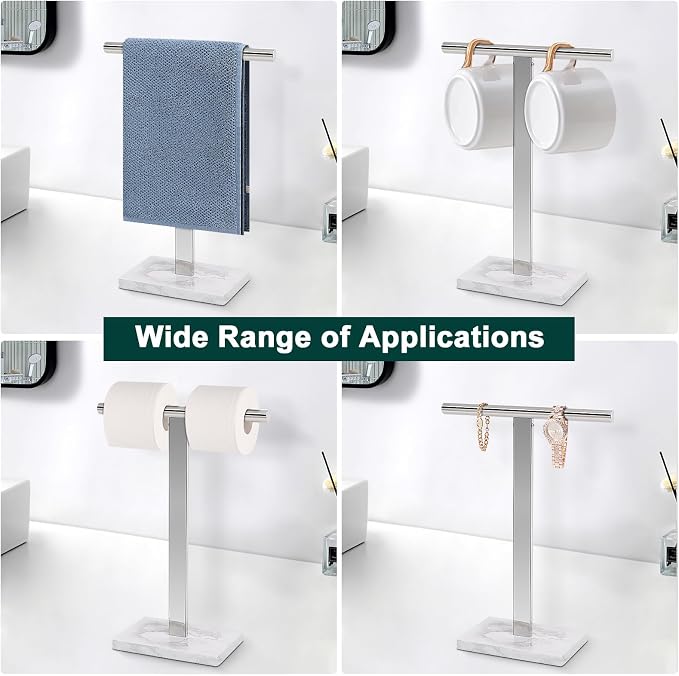 Hand Towel Holder, T-Shape Hand Towel Stand for Bathroom, Hand Towel Rack Bar Standing for Vanity Kitchen Countertop, 304 Stainless Steel, Marble Base (Chrome)