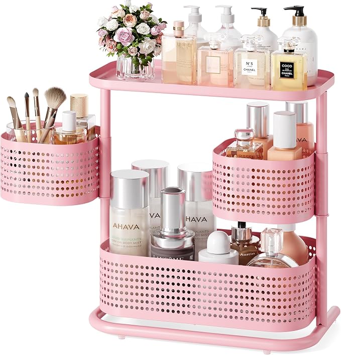 KINGRACK Metal Bathroom Counter Organizer，Rotating Countertop Storage Shelf | 3 Tier, Makeup Tray for Vanity, Perfume & Skincare, Standing Shelf for Bathroom Counter Storage, Pink