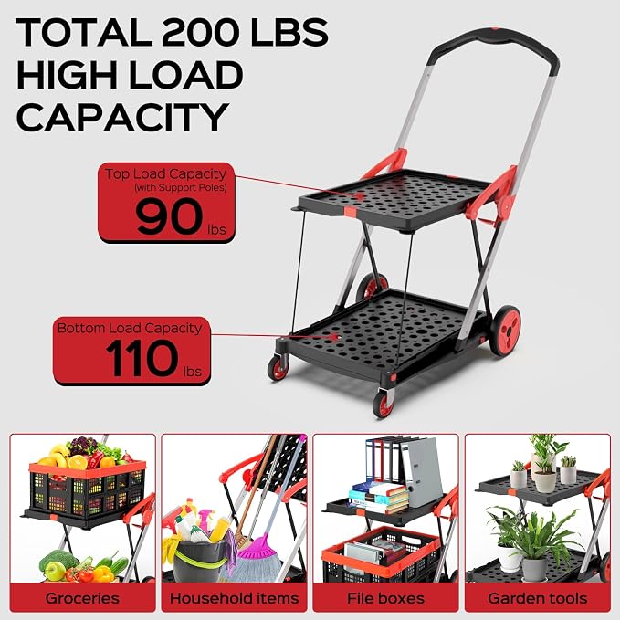 TOLRET Shopping Cart with Wheels, 200 lbs Capacity Grocery Cart on Wheels | Collapsible Shopping Cart with Storage Crate, Platform Hand Truck with Foot Brake, Red