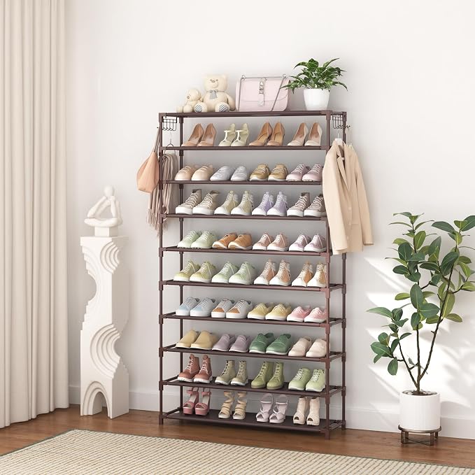 LANTEFUL 10 Tiers Shoe Rack 50 Pairs Large Capacity Tall Shoe Organizer Sturdy Shoe Storage with Two Hooks Space Saving Metal Wide Shoe Rack for Closet, Entryway, Bedroom, Brown