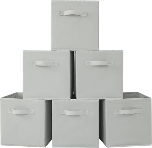 Stero Fabric Storage Bins 6 Pack Fun Colored Durable Storage Cubes with Handles Foldable Cube Baskets for Home, Kids Room, Closet and Toys Organization Gray