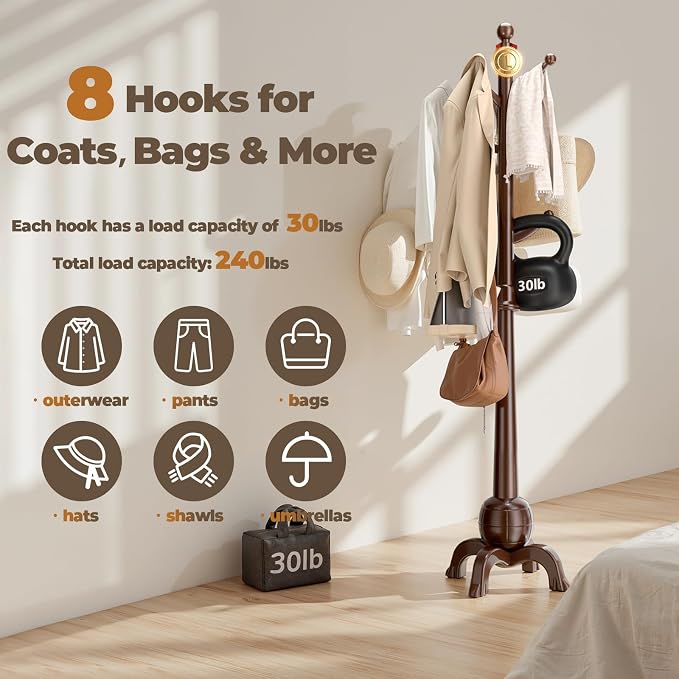 Coat Rack Freestanding with 8 Hooks, Wooden Coat Tree, Black | Coat Hanger Stand Heavy Duty with Stable Base, Hall Tree for Entryway Hallway Bedroom Office, 240lbs Load Capacity H:71.7in