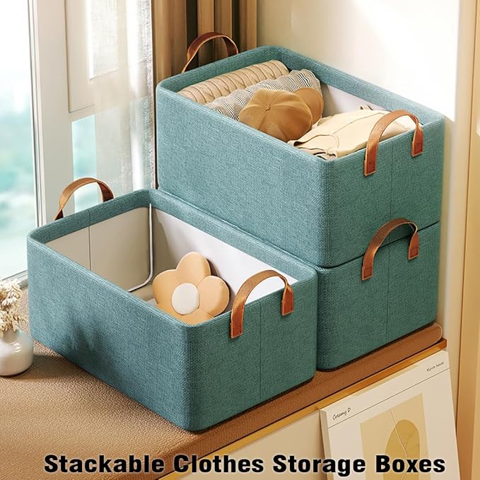 AARAINBOW 4 Pcs Closet Clothes Organizer with Handle, Fabric storage Box with Steel Frame Stackable Shelf Storage Baskets Foldable Storage Baskets for Organizing Clothes Jeans, 23L (4 Green)