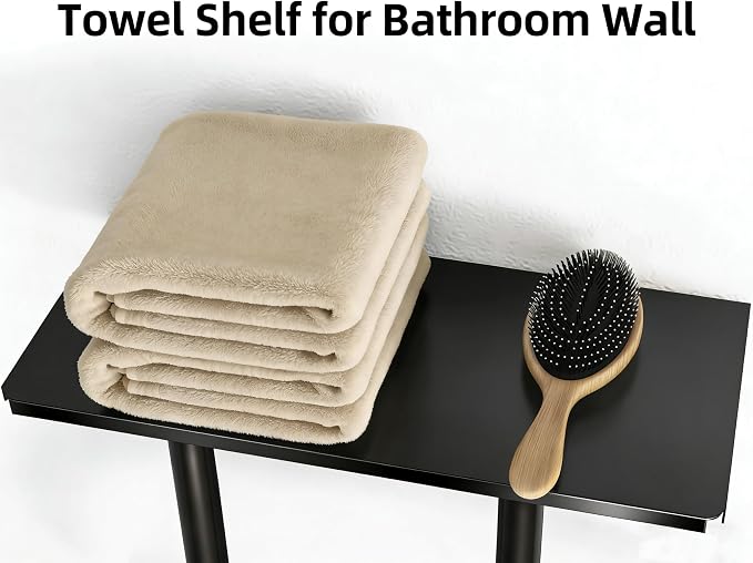 Bethom Towel Racks for Bathroom Wall, Black Small Towel Holder with Hooks | Stainless Steel Towel Shelf and 3 Hooks for Small Bathroom, Hold 3 Large Bath Towels