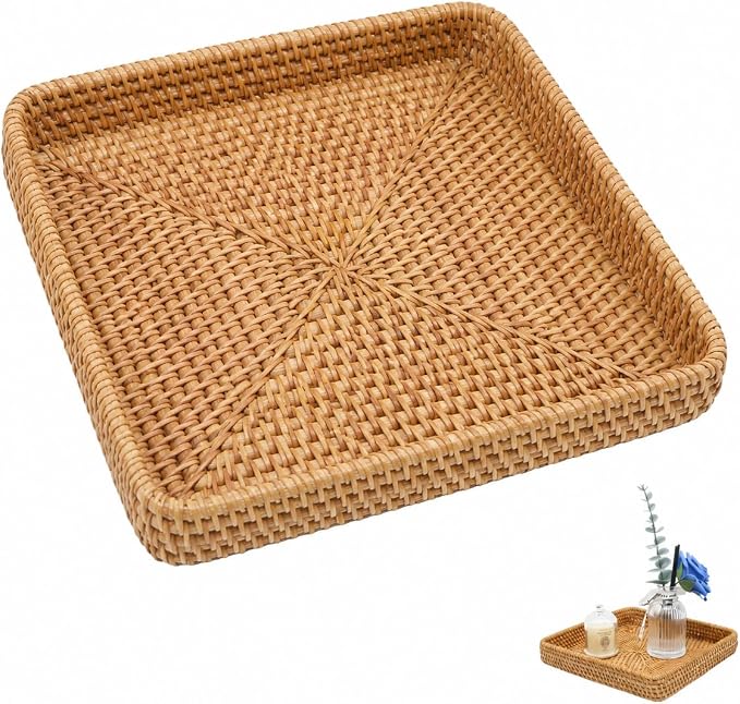 8" Square Rattan Basket Handwoven Wicker Serving Tray | Handwoven Natural Wicker Basket Tray for Entryway Coffee Table Keys Jewelry Remote Vanity Wedding Christmas Housewarming Gift