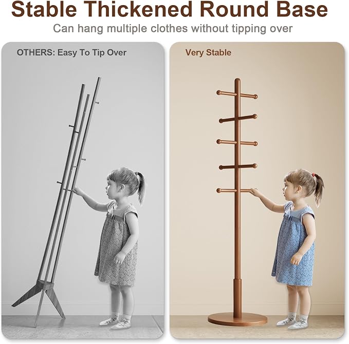 Solid Wood Coat Rack Freestanding with 10 Hooks, Coat tree freestanding 3 Adjustable Heights for coat, Hats, Handbags, Coat Stand for Entryway,Bedroom,office, Walnut