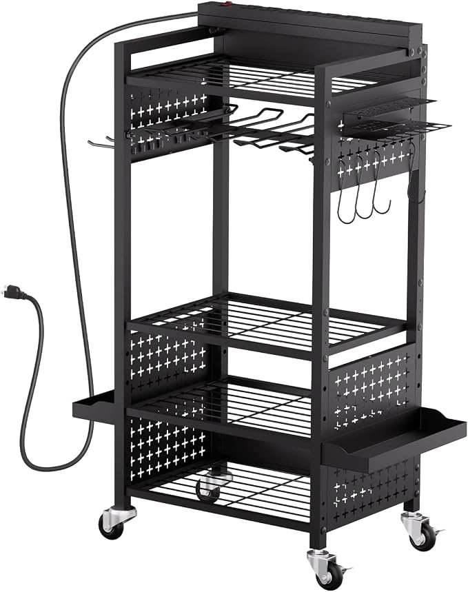 VEVOR 5-Tier Tool Organizer Cart with Charging Station, 8 AC Outlet, Floor Stand Rolling Drill Holder and Tool Battery Storage Rack on Wheels, Garage Floor Rolling Storage Cart for Workshop, Garage