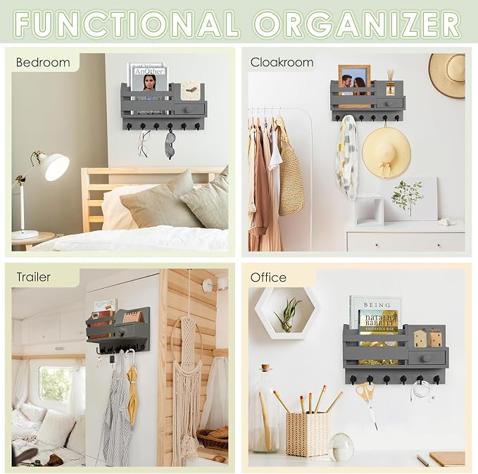 VIS'V Key Holder Wall Mount, Wooden Mail and Key Organizer, Gray | Contains Little Drawer, Small Shelf, 2 Slots, 6 Hooks, for Entryway, Hallway, Doorway, Kitchen, Garage, RV