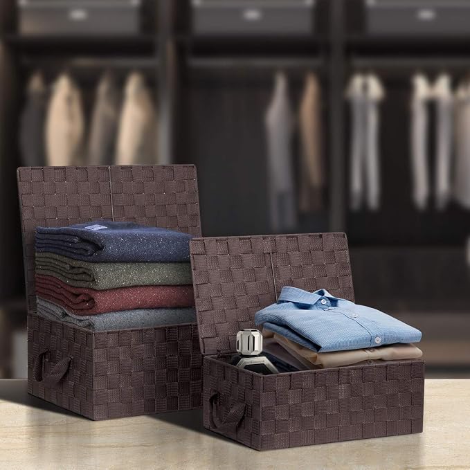 Sorbus Set of 3 Storage Baskets for Organizing with Lid, Mesh Hand-Woven Design, Linen Closet Organizers and Storage, Organizer Storage Baskets for Shelves, Variety Pack Organizers and Storage