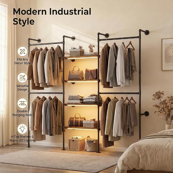 Industrial Pipe Clothing Rack with LED Lights& Shelves,Black | Heavy Duty Adjustable Garment Hanger with Shelves, 2 Installation Methods Closet Storage System for Wardrobe Organization