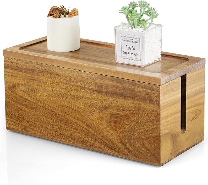 Bivvclaz Cable Management Box Medium, Acacia Wooden Cord Organizer Box for Desk, Floor, Office to Hide Extension Cords Power Stripes Surge Protectors Chargers Wires